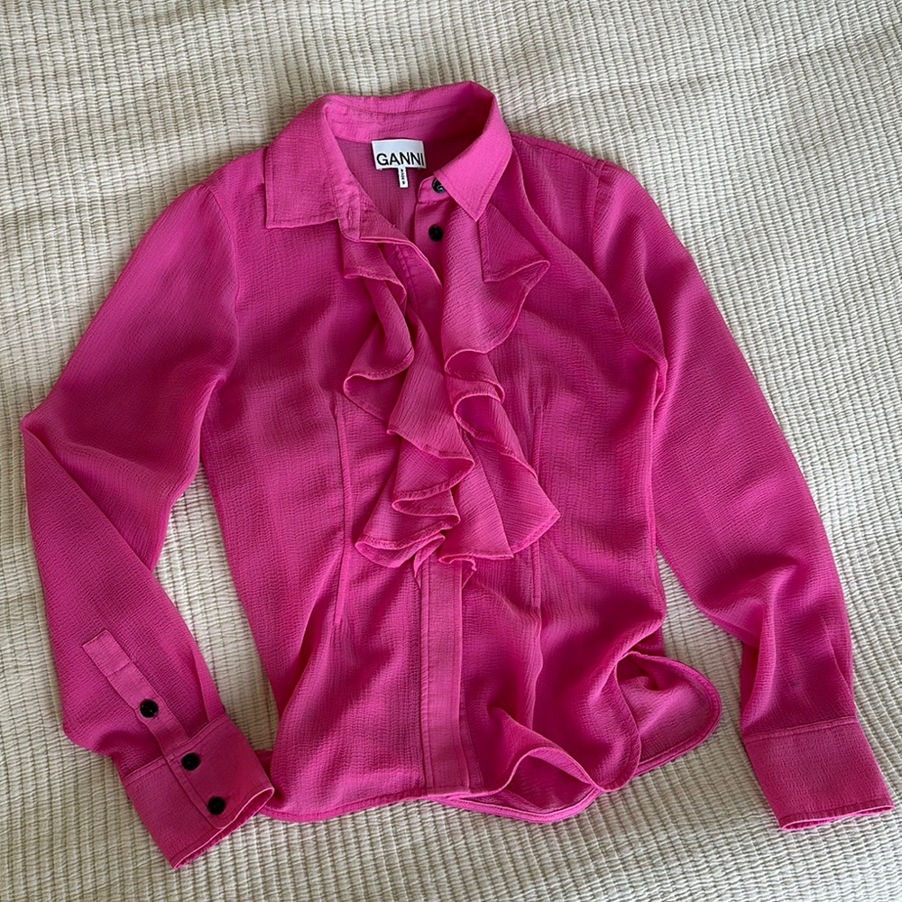 GANNI Pink Ruffle Blouse
